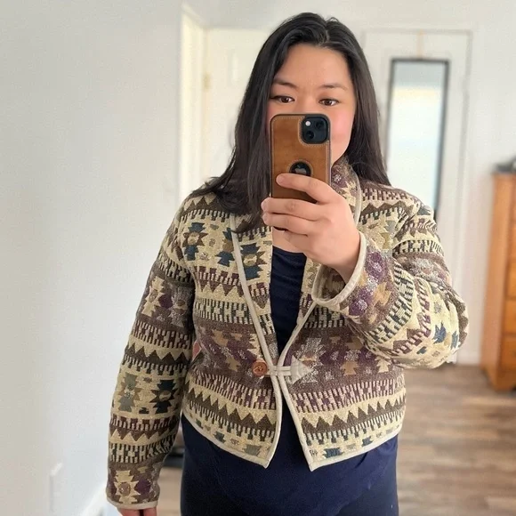 VINTAGE New Direction Cropped Jacket Cotton Aztec Print Small Southwest Boho - Picture 7 of 7